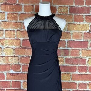 Lauren Ralph Lauren Evening Maxi Dress Sz 6P Black Ruched Stretch Halter Formal‎